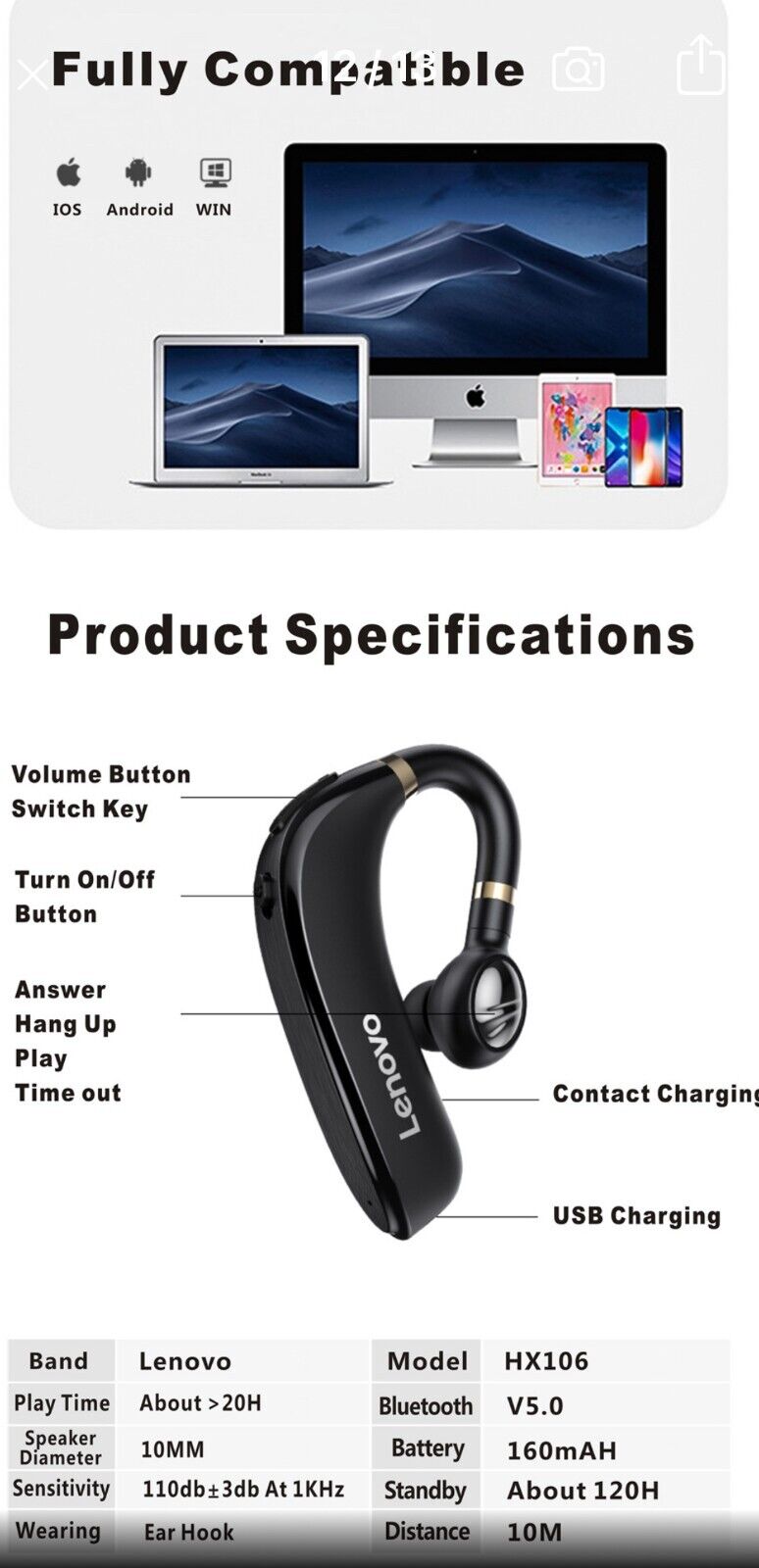 Original Lenovo HX106 Bluetooth Earphone Pro Ear Hook Wireless Bluetooth 5.0