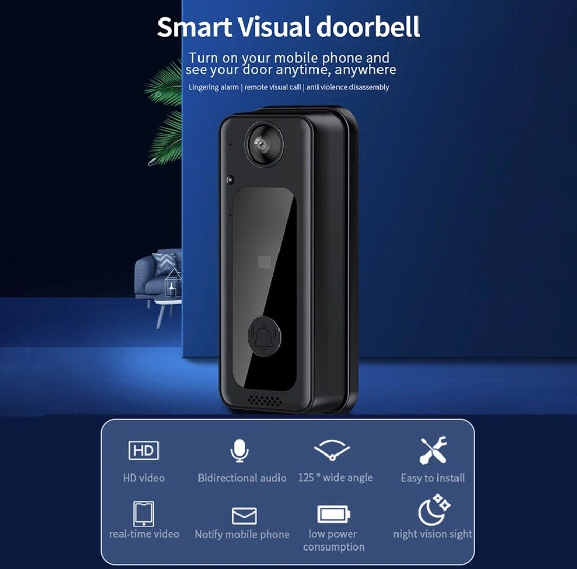 WIFI Doorbell Camera with 125° Wide Angle Night Vision Cloud Storage SD Card
